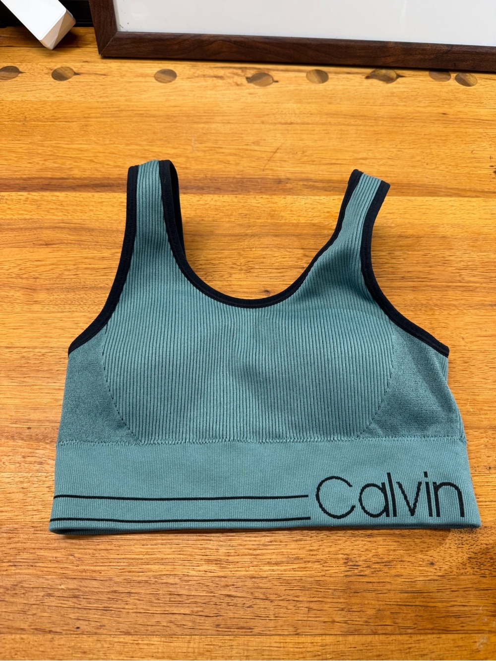Calvin Klein Teal Green Ribbed Sport Bra with Black Trim